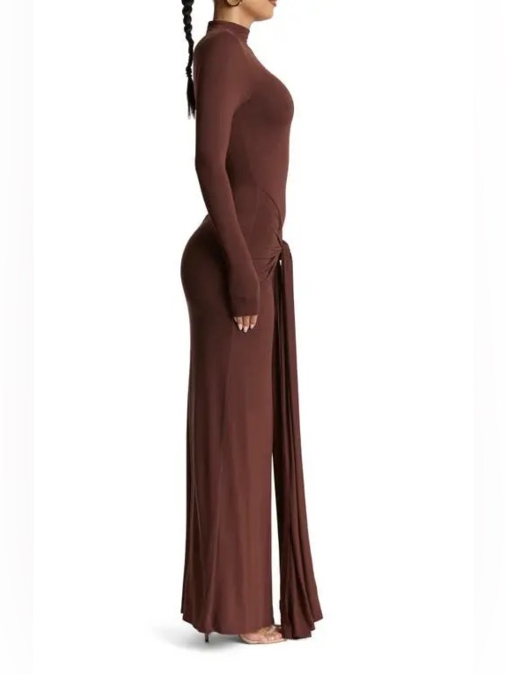 NAKED WARDROBE Tie Waist Maxi Dress XL Chocolate Brown Funnel Neck Trendy Party - Picture 3 of 9